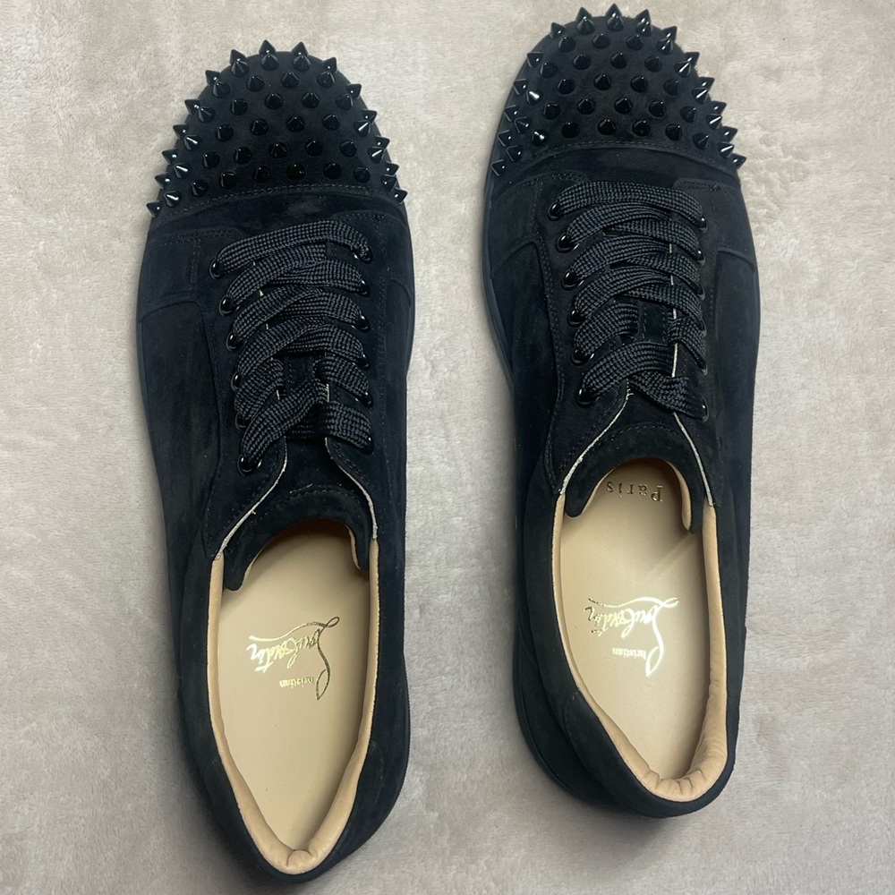Christian Louboutin Black Suede Spiked Sneakers Vieira spikes flat veau velour - Picture 3 of 7